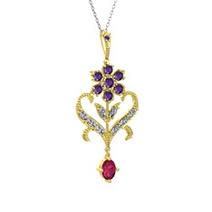 Ade Kraliyet Kolye - Ametist, beyaz zirkon ve rodolit garnet 14 ayar altın kolye (40 cm beyaz altın rolo zincir) #5iwgqe