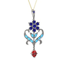 Lab safir, akuamarin ve garnet 925 ayar gümüş kolye (40 cm altın rolo zincir)