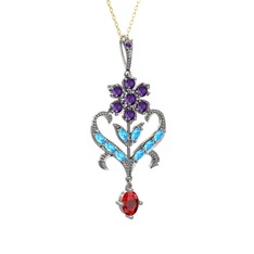 Ametist, akuamarin ve garnet 925 ayar gümüş kolye (40 cm altın rolo zincir)