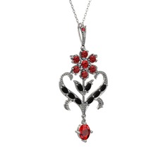 Garnet ve siyah zirkon 14 ayar beyaz altın kolye (40 cm beyaz altın rolo zincir)
