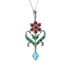 Garnet, yeşil kuvars ve akuamarin 14 ayar beyaz altın kolye (40 cm rose altın rolo zincir)