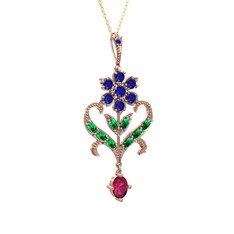 Ade Kraliyet Kolye - Lab safir, yeşil kuvars ve rodolit garnet 14 ayar rose altın kolye (40 cm altın rolo zincir) #5trjjm