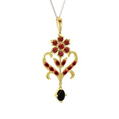 Garnet ve siyah zirkon 14 ayar altın kolye (40 cm rose altın rolo zincir)