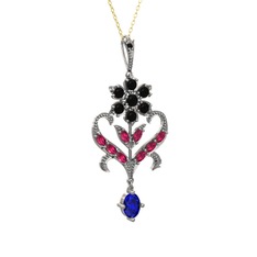 Siyah zirkon, rodolit garnet ve lab safir 925 ayar gümüş kolye (40 cm altın rolo zincir)