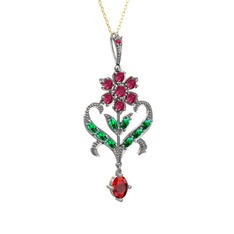 Rodolit garnet, yeşil kuvars ve garnet 925 ayar gümüş kolye (40 cm altın rolo zincir)