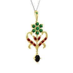 Yeşil kuvars, garnet ve siyah zirkon 14 ayar altın kolye (40 cm beyaz altın rolo zincir)