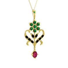 Yeşil kuvars, siyah zirkon ve rodolit garnet 925 ayar altın kaplama gümüş kolye (40 cm altın rolo zincir)
