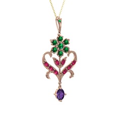 Yeşil kuvars, rodolit garnet ve ametist 14 ayar rose altın kolye (40 cm altın rolo zincir)