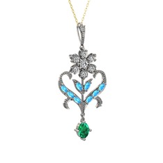 Beyaz zirkon, akuamarin ve yeşil kuvars 14 ayar beyaz altın kolye (40 cm gümüş rolo zincir)