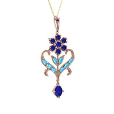 Lab safir ve akuamarin 925 ayar rose altın kaplama gümüş kolye (40 cm altın rolo zincir)