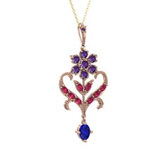 Ametist, rodolit garnet ve lab safir 8 ayar rose altın kolye (40 cm altın rolo zincir)