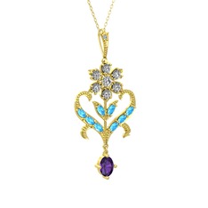 Ade Kraliyet Kolye - Beyaz zirkon, akuamarin ve ametist 8 ayar altın kolye (40 cm altın rolo zincir) #87wjt6