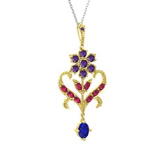 Ametist, rodolit garnet ve lab safir 14 ayar altın kolye (40 cm beyaz altın rolo zincir)