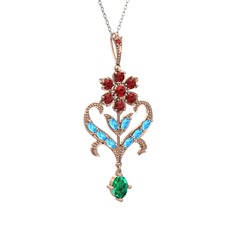 Garnet, akuamarin ve yeşil kuvars 925 ayar rose altın kaplama gümüş kolye (40 cm beyaz altın rolo zincir)