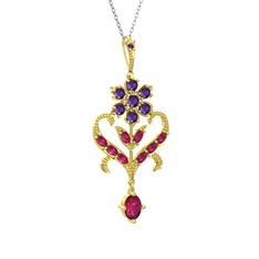 Ametist ve rodolit garnet 14 ayar altın kolye (40 cm gümüş rolo zincir)