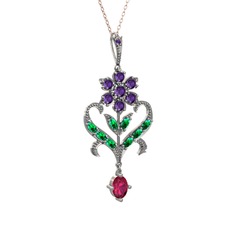 Ametist, yeşil kuvars ve rodolit garnet 925 ayar gümüş kolye (40 cm rose altın rolo zincir)