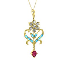 Ade Kraliyet Kolye - Beyaz zirkon, akuamarin ve rodolit garnet 14 ayar altın kolye (40 cm altın rolo zincir) #9bs710