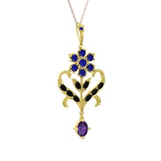 Lab safir, siyah zirkon ve ametist 925 ayar altın kaplama gümüş kolye (40 cm rose altın rolo zincir)