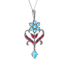 Akuamarin ve rodolit garnet 14 ayar beyaz altın kolye (40 cm beyaz altın rolo zincir)