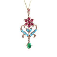 Ade Kraliyet Kolye - Rodolit garnet, akuamarin ve yeşil kuvars 14 ayar rose altın kolye (40 cm altın rolo zincir) #9vrolc