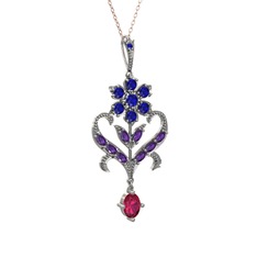 Ade Kraliyet Kolye - Lab safir, ametist ve rodolit garnet 14 ayar beyaz altın kolye (40 cm gümüş rolo zincir) #a117a8
