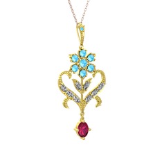 Ade Kraliyet Kolye - Akuamarin, beyaz zirkon ve rodolit garnet 925 ayar altın kaplama gümüş kolye (40 cm rose altın rolo zincir) #a1528d