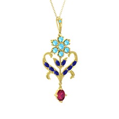 Akuamarin, lab safir ve rodolit garnet 8 ayar altın kolye (40 cm altın rolo zincir)