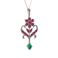 Rodolit garnet ve yeşil kuvars 14 ayar beyaz altın kolye (40 cm rose altın rolo zincir)