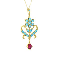 Akuamarin ve rodolit garnet 8 ayar altın kolye (40 cm altın rolo zincir)