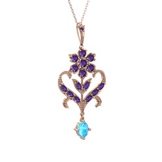 Ametist ve akuamarin 14 ayar rose altın kolye (40 cm gümüş rolo zincir)