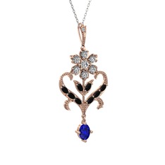 Beyaz zirkon, siyah zirkon ve lab safir 925 ayar rose altın kaplama gümüş kolye (40 cm beyaz altın rolo zincir)