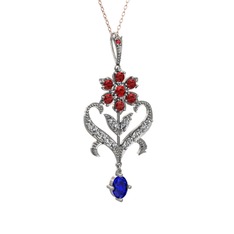 Ade Kraliyet Kolye - Garnet, beyaz zirkon ve lab safir 8 ayar beyaz altın kolye (40 cm rose altın rolo zincir) #c2pg65