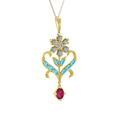 Beyaz zirkon, akuamarin ve rodolit garnet 14 ayar altın kolye (40 cm rose altın rolo zincir)