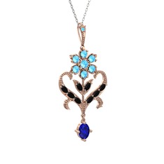 Akuamarin, siyah zirkon ve lab safir 8 ayar rose altın kolye (40 cm beyaz altın rolo zincir)