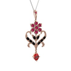 Rodolit garnet, siyah zirkon ve garnet 925 ayar rose altın kaplama gümüş kolye (40 cm gümüş rolo zincir)