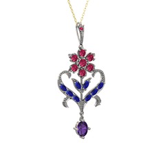 Rodolit garnet, lab safir ve ametist 925 ayar gümüş kolye (40 cm altın rolo zincir)