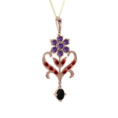 Ametist, garnet ve siyah zirkon 14 ayar rose altın kolye (40 cm altın rolo zincir)