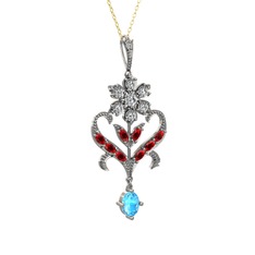 Beyaz zirkon, garnet ve akuamarin 8 ayar beyaz altın kolye (40 cm altın rolo zincir)