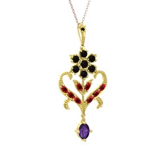 Siyah zirkon, garnet ve ametist 14 ayar altın kolye (40 cm rose altın rolo zincir)