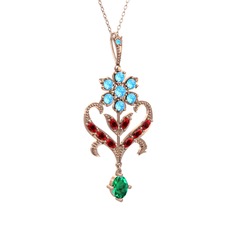 Akuamarin, garnet ve yeşil kuvars 925 ayar rose altın kaplama gümüş kolye (40 cm rose altın rolo zincir)