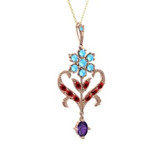 Ade Kraliyet Kolye - Akuamarin, garnet ve ametist 8 ayar rose altın kolye (40 cm altın rolo zincir) #equcdq