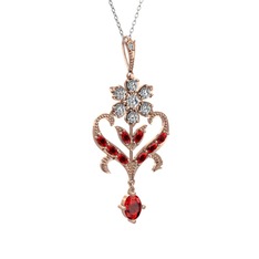 Beyaz zirkon ve garnet 14 ayar rose altın kolye (40 cm gümüş rolo zincir)