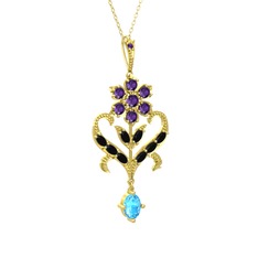 Ade Kraliyet Kolye - Ametist, siyah zirkon ve akuamarin 8 ayar altın kolye (40 cm gümüş rolo zincir) #f2g7p7