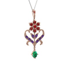 Garnet, ametist ve yeşil kuvars 14 ayar rose altın kolye (40 cm beyaz altın rolo zincir)