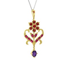 Ade Kraliyet Kolye - Garnet, rodolit garnet ve ametist 8 ayar altın kolye (40 cm gümüş rolo zincir) #f761sn