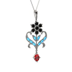 Siyah zirkon, akuamarin ve garnet 925 ayar gümüş kolye (40 cm beyaz altın rolo zincir)