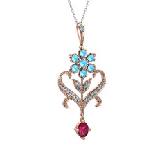 Akuamarin, beyaz zirkon ve rodolit garnet 925 ayar rose altın kaplama gümüş kolye (40 cm beyaz altın rolo zincir)