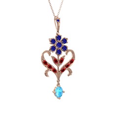 Lab safir, garnet ve akuamarin 14 ayar rose altın kolye (40 cm gümüş rolo zincir)