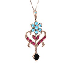 Ade Kraliyet Kolye - Akuamarin, rodolit garnet ve siyah zirkon 925 ayar rose altın kaplama gümüş kolye (40 cm rose altın rolo zincir) #fqr9nd