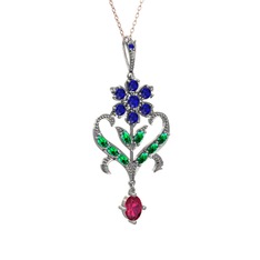 Lab safir, yeşil kuvars ve rodolit garnet 925 ayar gümüş kolye (40 cm rose altın rolo zincir)